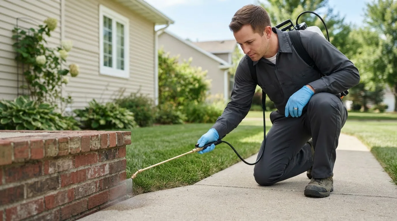 Pest control technician treating a home near Campbell, OH