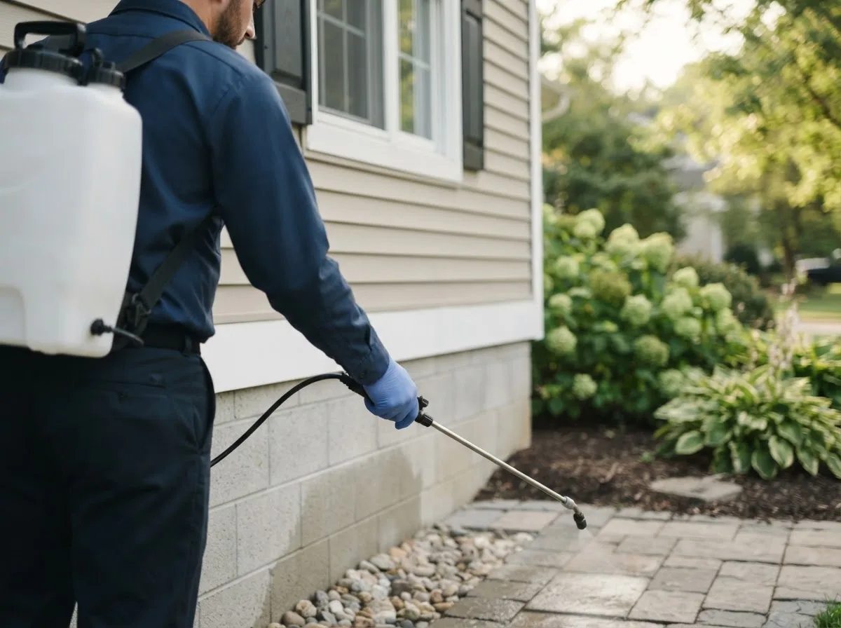 Pest control technician inspecting a home in Campbell, OH